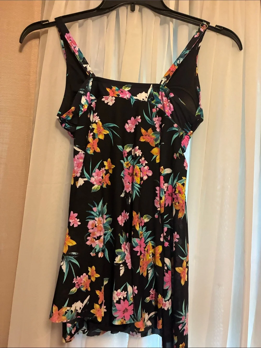 Black Floral V-Neck Swim Suit with Pink & Yellow Blooms